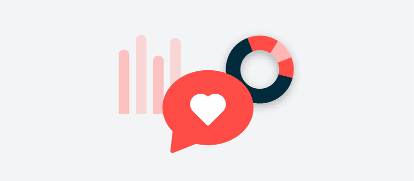 Illustration showing pink bar graph, red speech bubble with white heart, and segmented donut chart in navy, red and pink